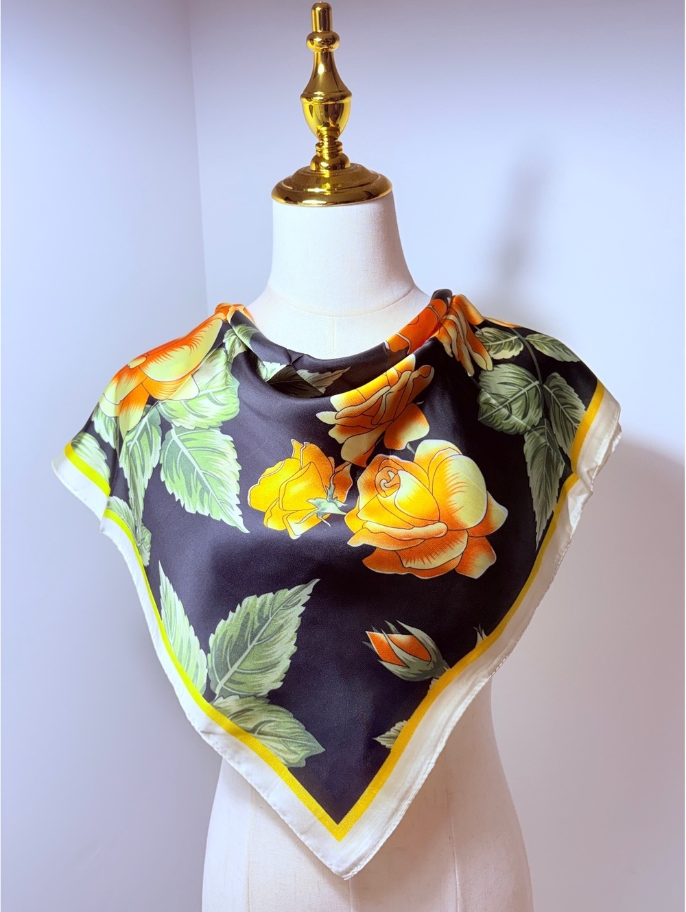 Elegant Black Scarf with Yellow and Orange Rose Floral Print